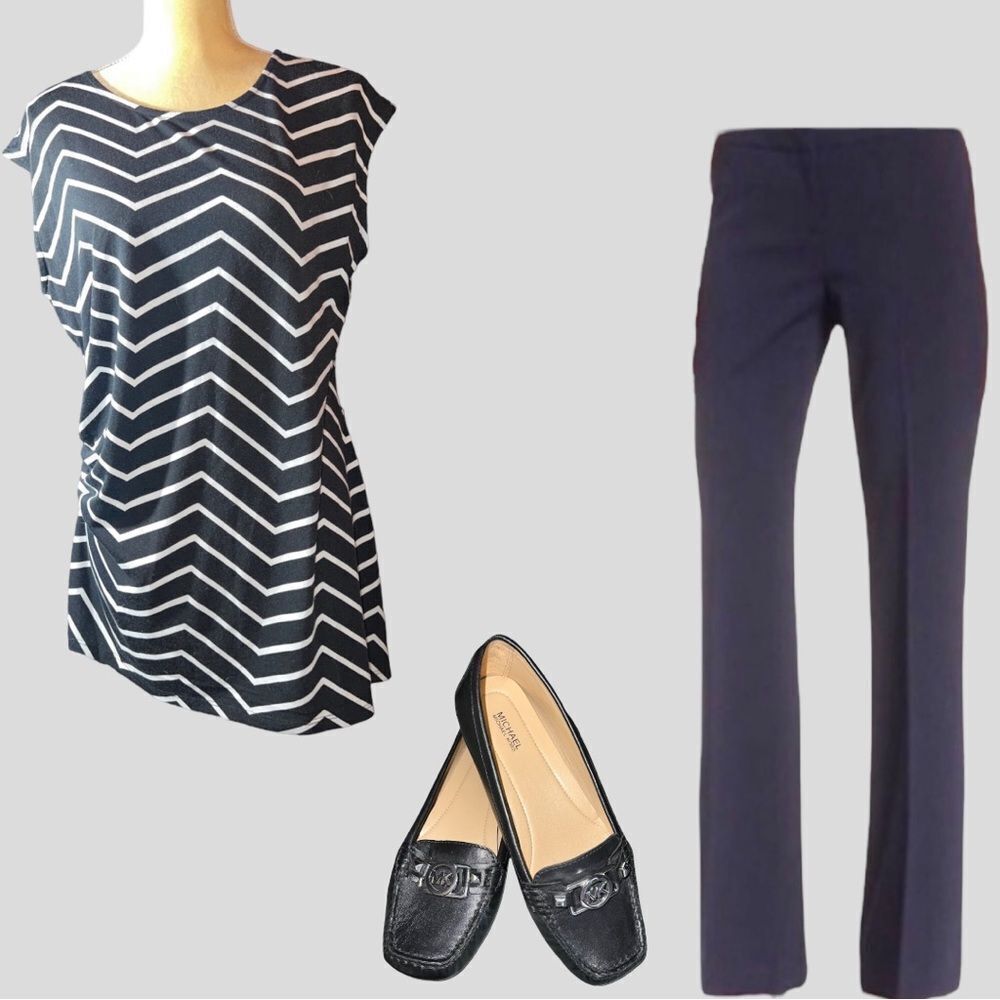 CJ Banks black top with white chevron striped top! Ruched on side and flared hem